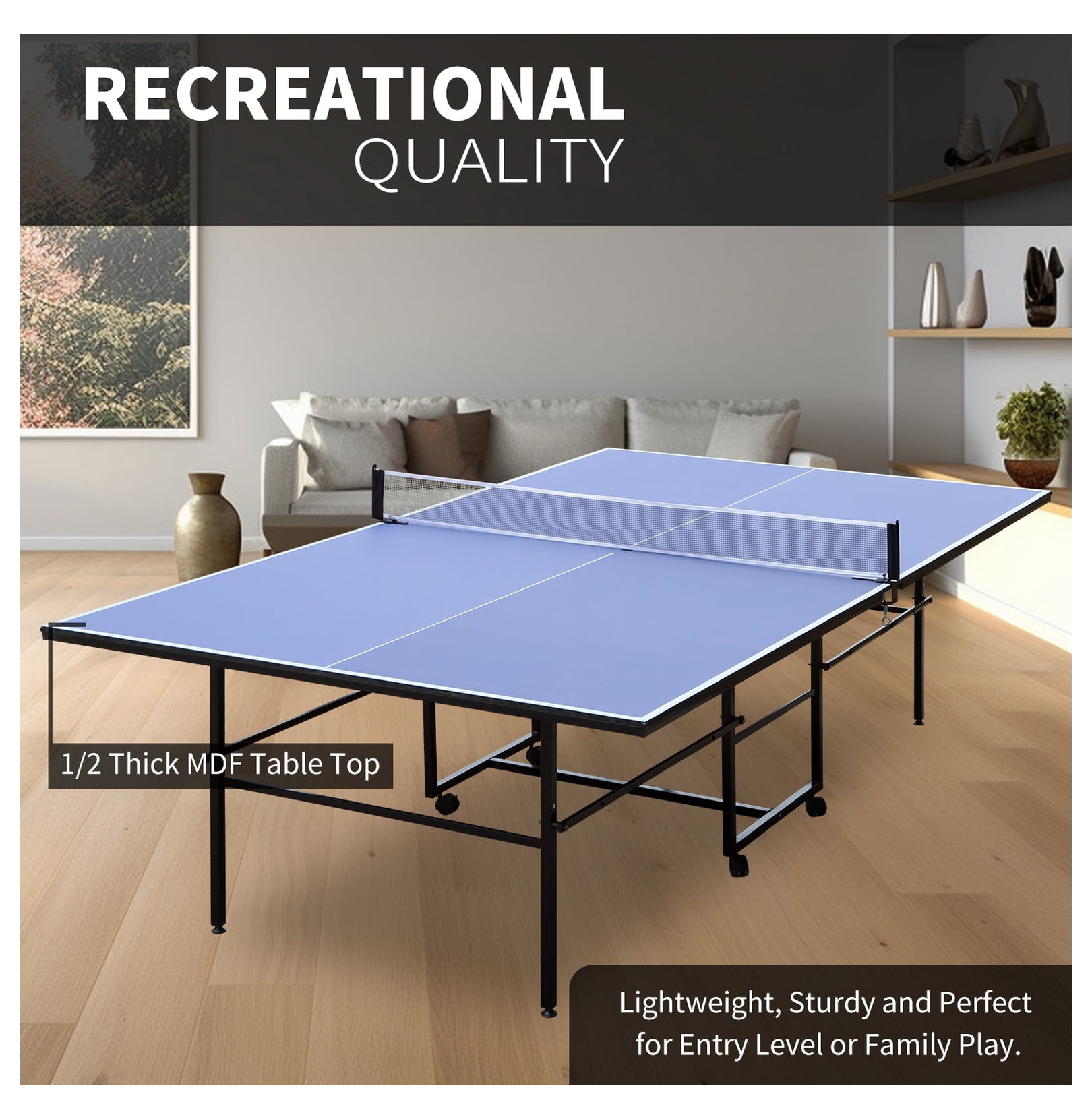 9ft Mid-Size Table Tennis Table Foldable & Portable Ping Pong Table Set for Indoor Games with Net, 2 Table Tennis Paddles and 3 Balls