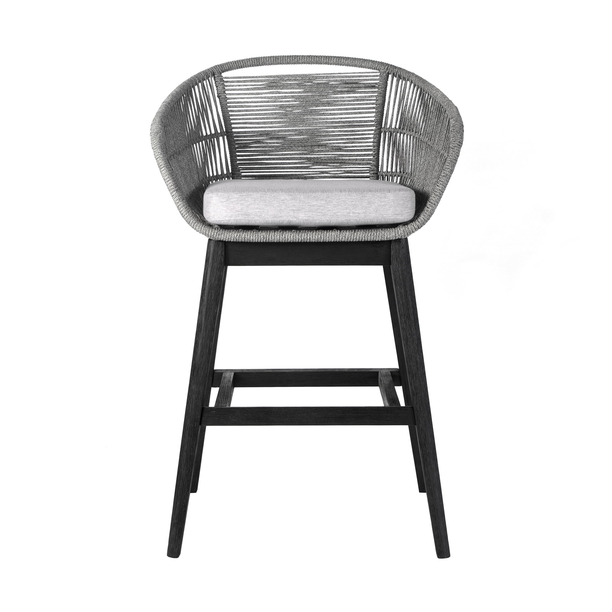 Tutti Frutti Indoor Outdoor Bar Height Bar Stool in Black Brushed Eucalyptus Wood with Gray Rope - Set of 2