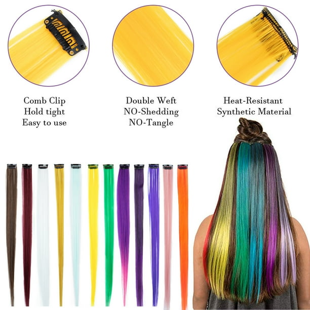 36 Packs Colored Party Highlights Clip in Hair Extensions 22" Colorful Straight Hair Extensions