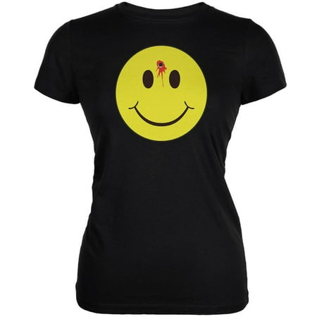 Junior Faces - Smiley Face Bullet Hole Black Juniors Soft T-Shirt