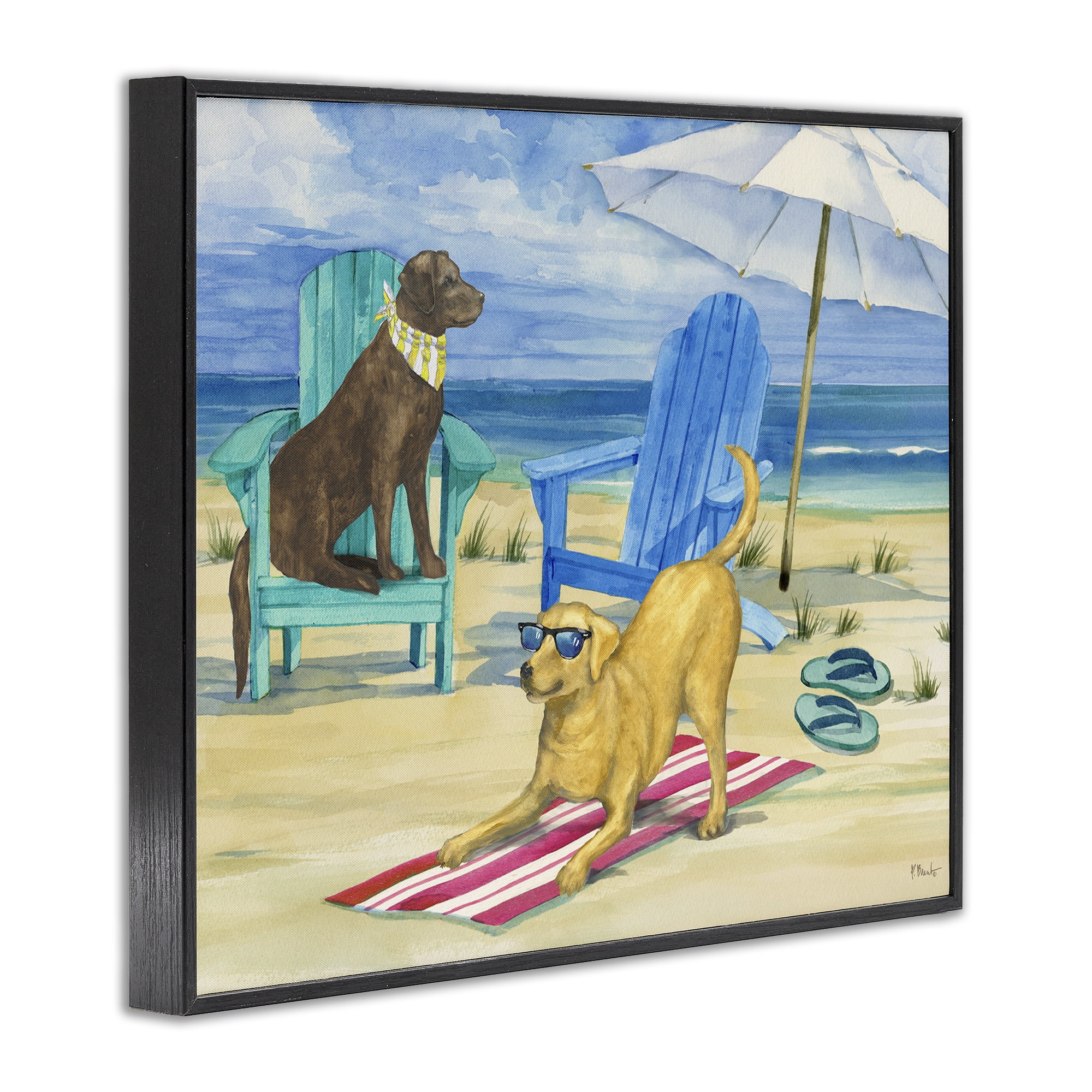 Stupell Industries Dogs on Beach Towel Animals & Insects Painting Black Framed Art Print Wall Art, 30 x 24