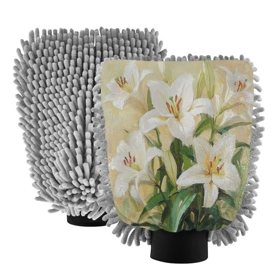 Dual-Sided Car Wash Gloves Car Washing Mitts with Elastic Cuffs Lilies Oil Painting