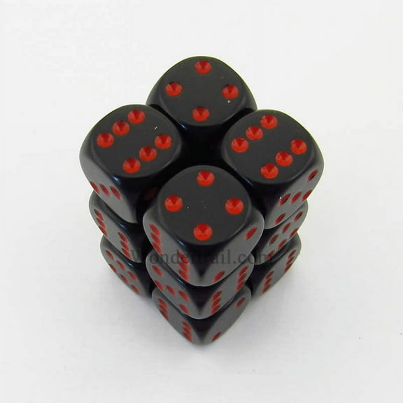 Black Opaque D6 Dice with Red Pips 16mm (5/8in) Pack of 12 Dice Chessex