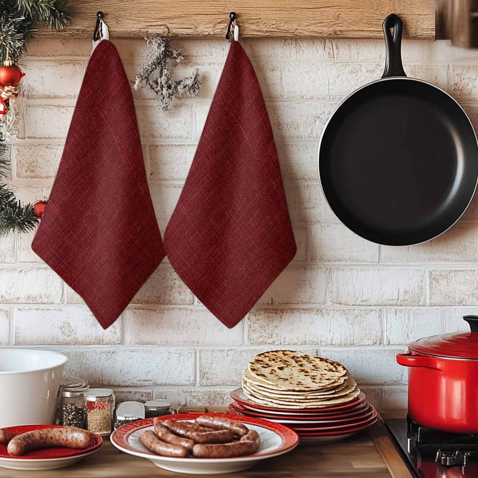 Dark Red Microfiber Kitchen Towel, Farmhouse Burlap Solid Red Color Modern Linen Texture Soft Absorbent Dish Towels, Quick Drying Washable Dishcloths for Kitchen Cleaning, Drying Dishes, 18x28 Inches