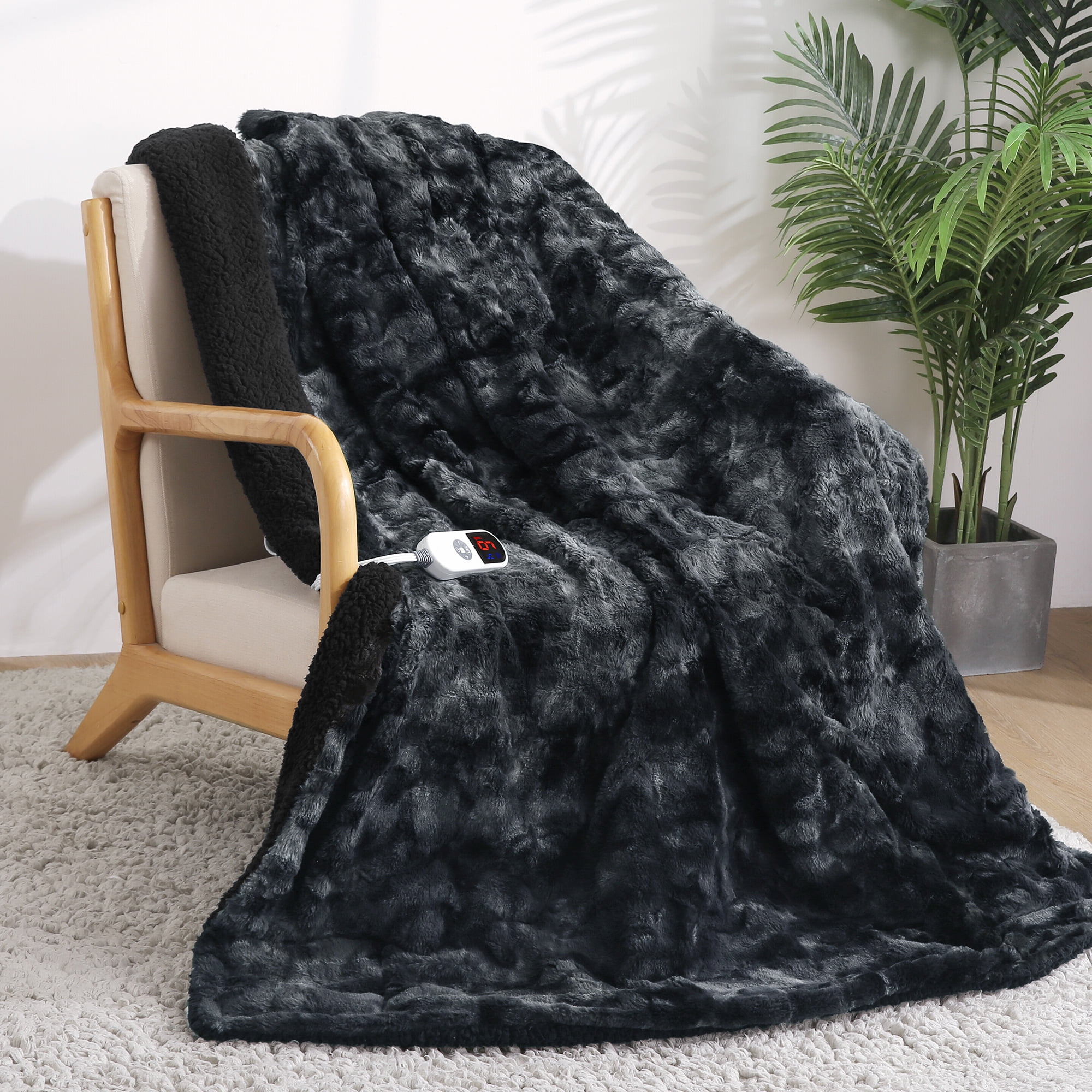 MARNUR Heated Blanket Electric Throw 50" x 60", Soft Faux Fur & Shu Velvet Heated Throw Blanket, 6 Heating Levels, 4 Hours Timer, Tie-Dye Off Black