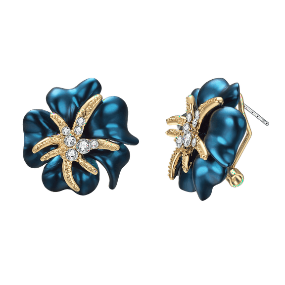 Yoursfs Enamel Flower Clip On Stud Earrings For Women Rose Gold Plated Crystal Blue Floral Hypoallergenic Piercing Earrings