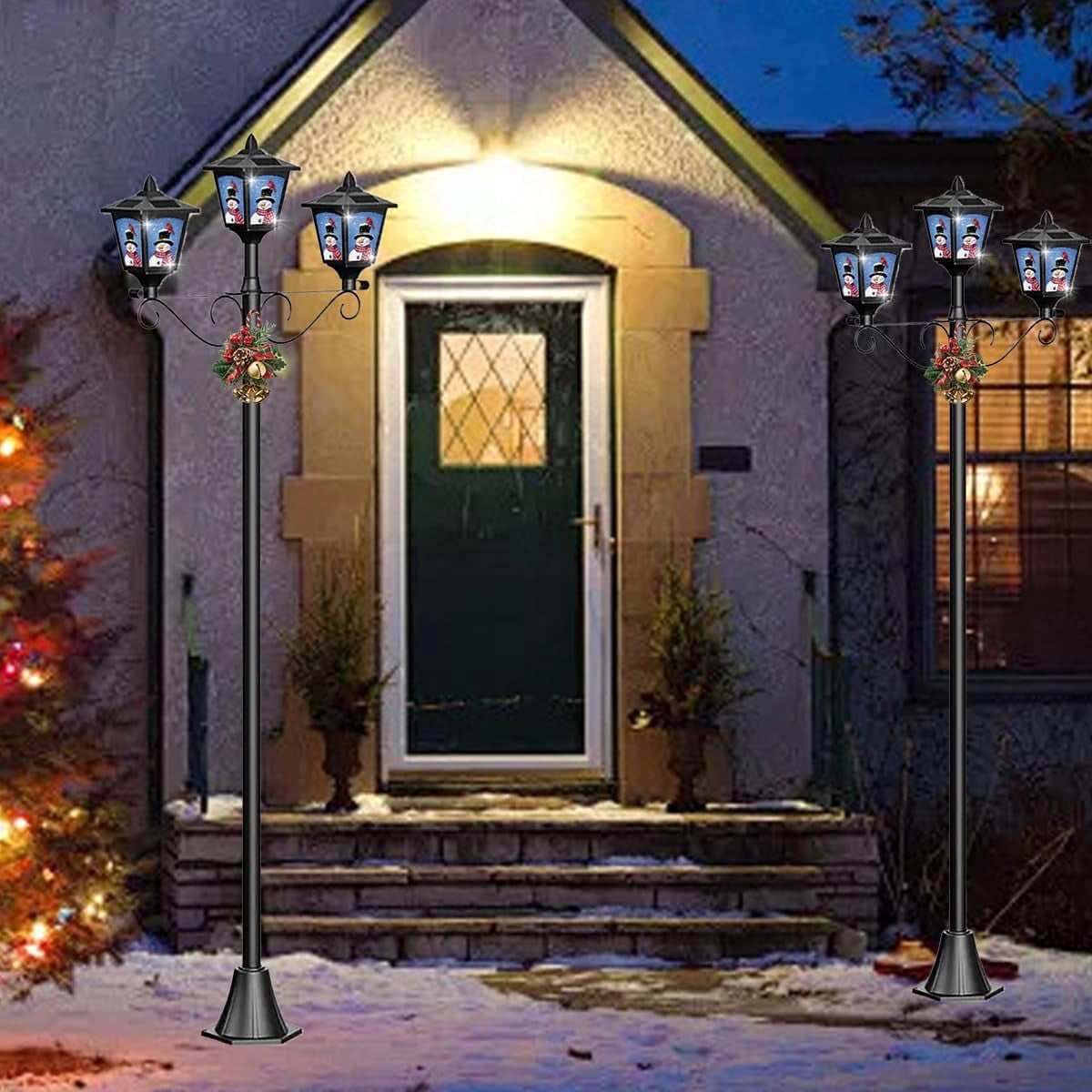 Solar Fence Post Light 72" Outdoor Waterproof, Black Vintage Lamp with Snowman Red Bird Christmas Decoration