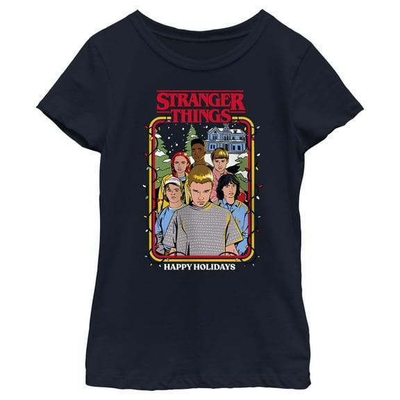 Netflix Girl's Stranger Things Retro Happy Holidays Card Graphic T-Shirt