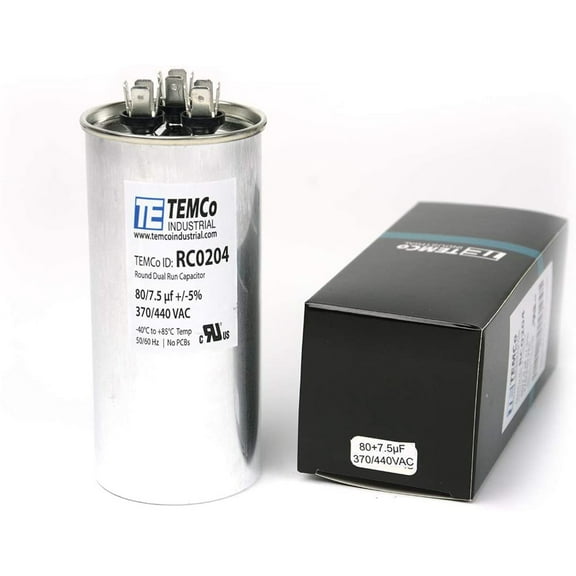 TEMCo 80 7.5 uF Dual Run Capacitor CBB65, 80/7.5 MFD, 370-440V, Round, 50/60Hz