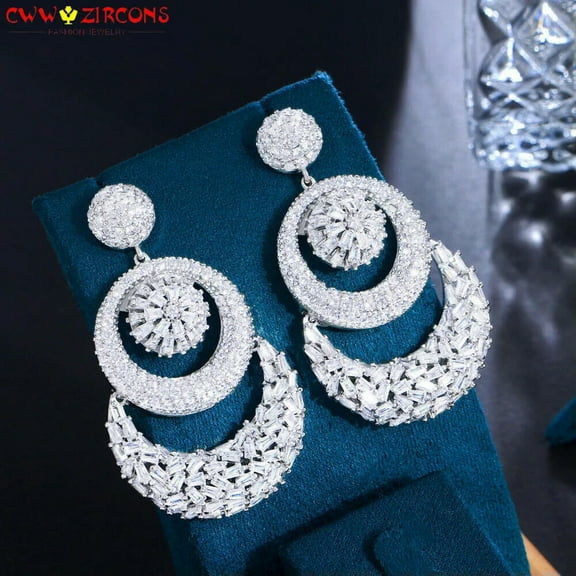 Silver Plated Chunky Cubic Zirconia Statement Big Multiple Round Dangle Earrings