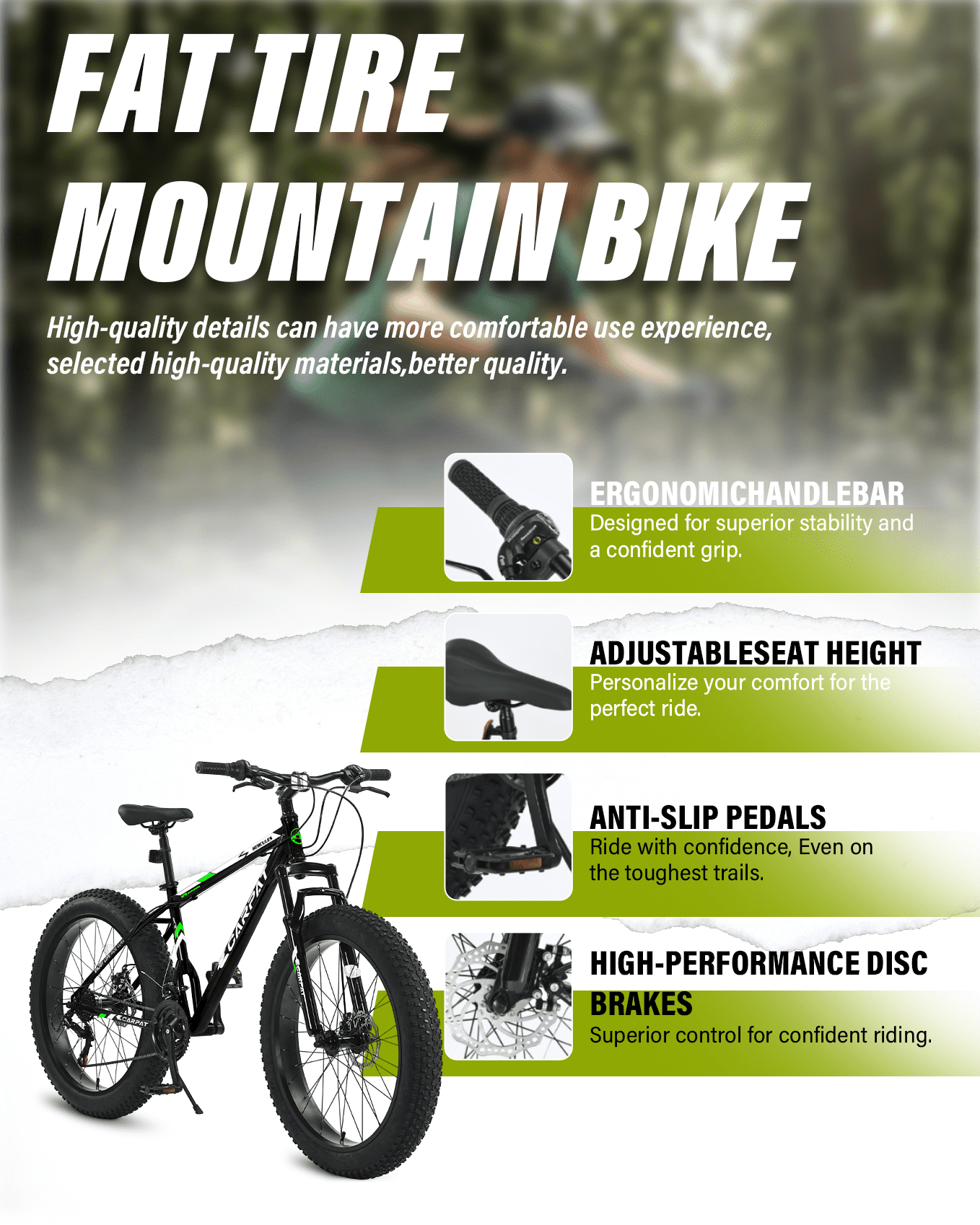 26 inch Fat Tire Mountain Bike for Adult, Outdoor Cycling Bike with 21-Speed for Men Women, High Carbon Steel Frame, Dual Disc Brake, 4 Inch Wide Tires, Front Suspension, Anti-Slip Bikes, Black