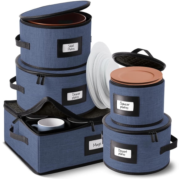 Fine China Storage Containers, 5 Piece Quilted Dish Storage Containers, Mug, Cup, and Plate Dish Organizer with Felt Dividers, Service of 12 Dinnerwa