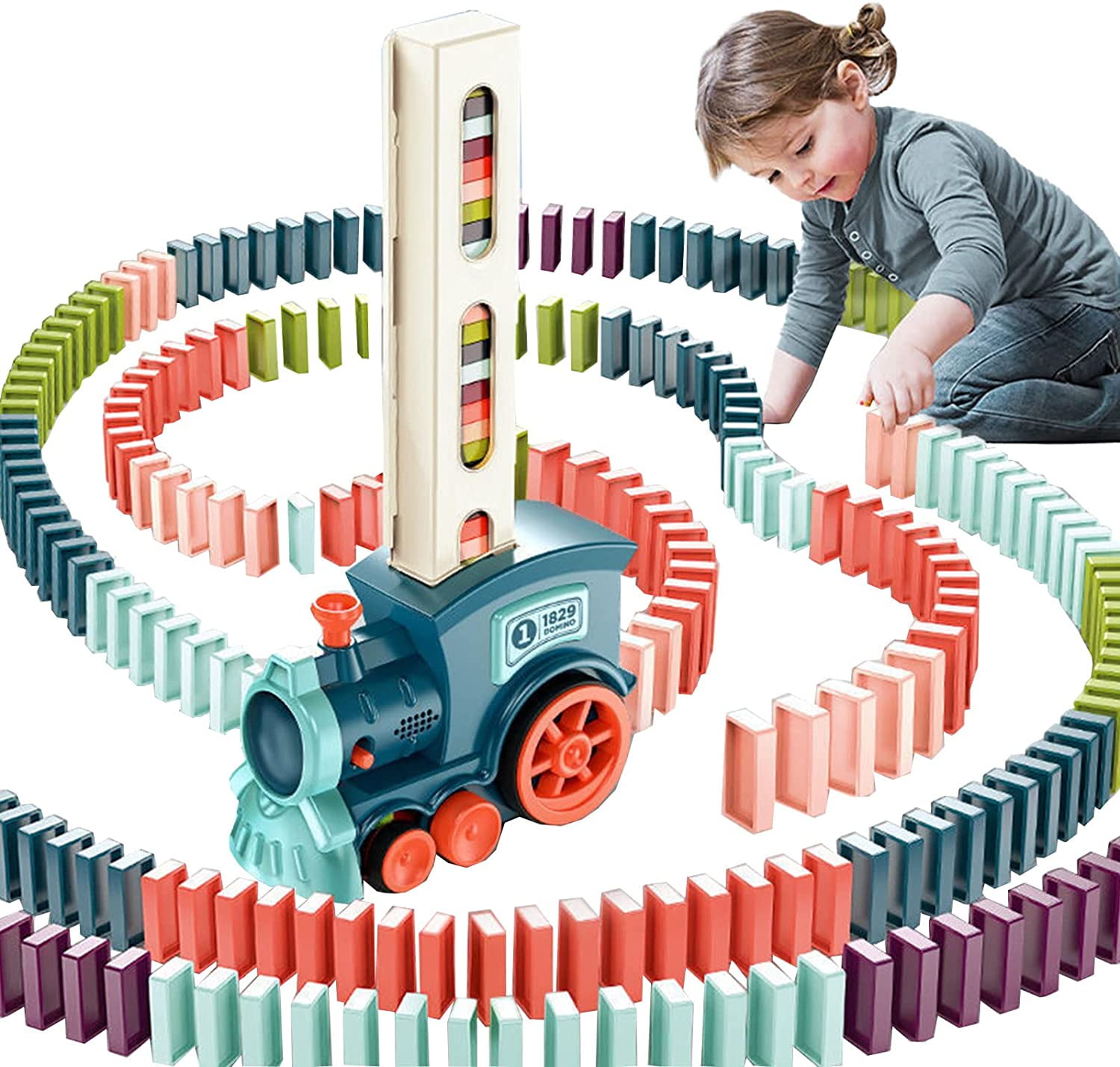 Electric Dominoes Train Set,with 60 PCS Domino Blocks Automatic Domino