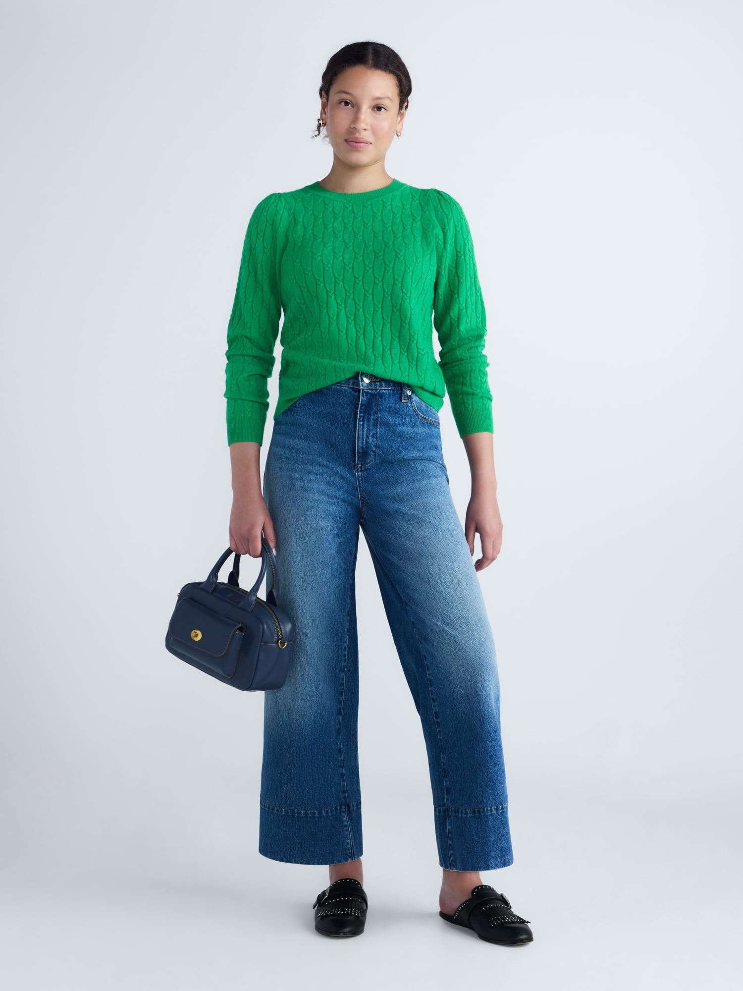 Free Assembly Women's and Women's Plus Cashmere Cable Knit Sweater with Puff Sleeves, Midweight, Sizes XS-4X