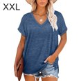 thumbnail image 1 of Sonducket Camiseta de mujer con cuello en V, manga corta con cuello en V, blusa dividida de color sólido Prendas para la parte del cuerpo Azul oscuro XXL Sonducket AP003161-25, 1 of 6