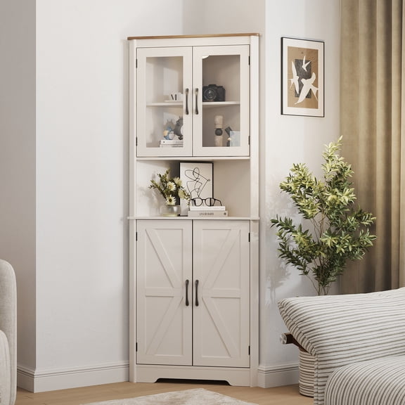 Vabches Farmhouse 67" Tall Corner Cabinet with 4 Barn Doors, 5 Tier Corner Storage Cabinet with Glass Door Adjustable Shelves for Bathroom,Living Room,Kitchen
