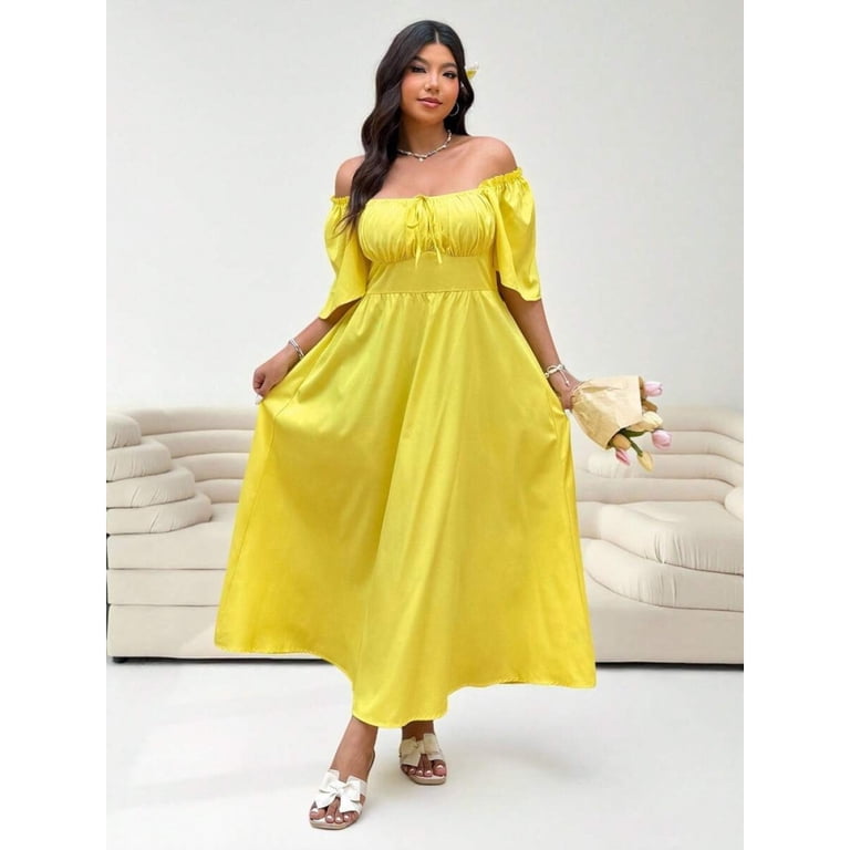 yellow midi dress plus size Plus Size Yellow Floral Rayon Gown Dress
