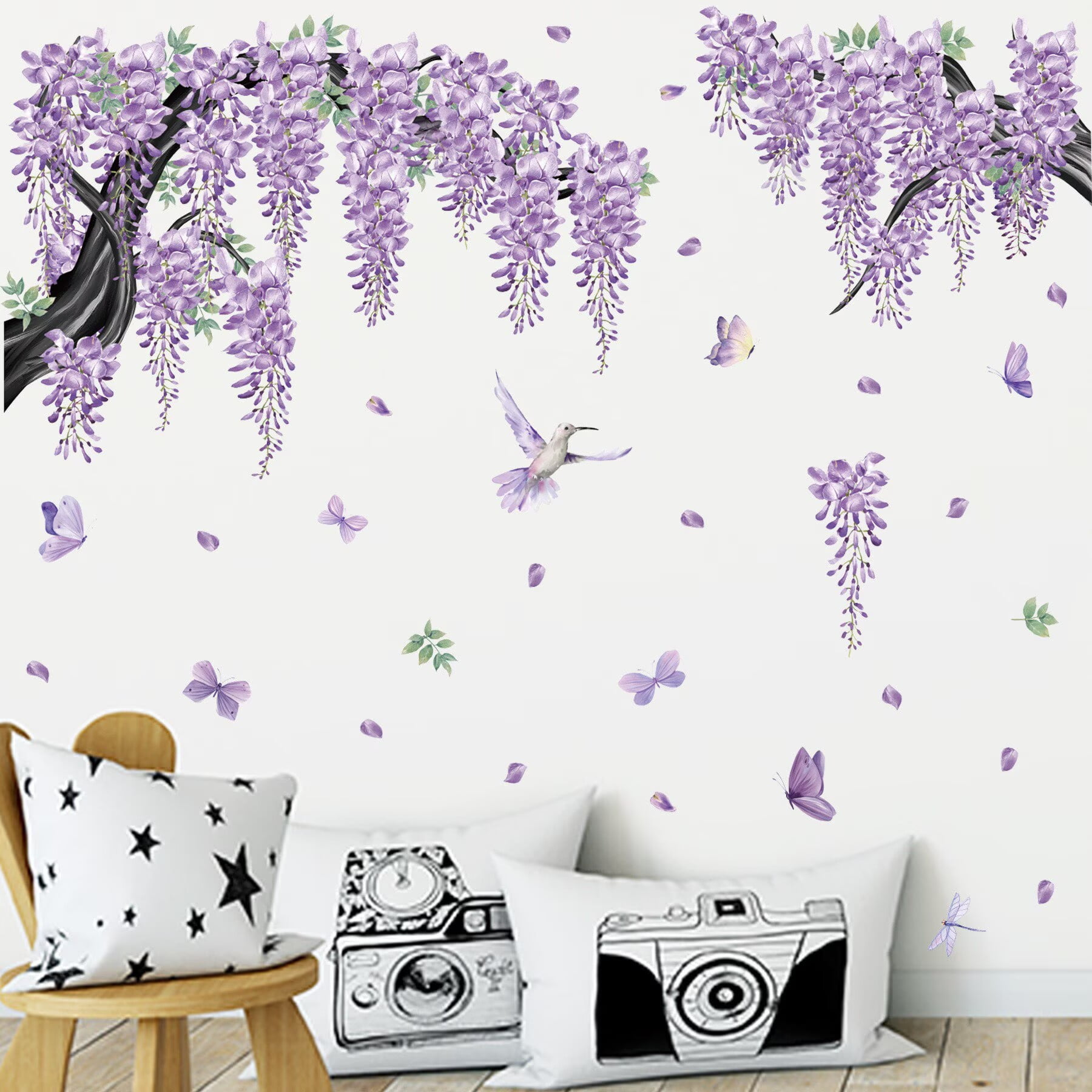 Large Cherry Blossom Tree Wall Stickers,4 Sheets Spring Purple Flower Bird Wall Decals Peel and Stick Waterproof Wall Murals Decor for Living Room Bedroom