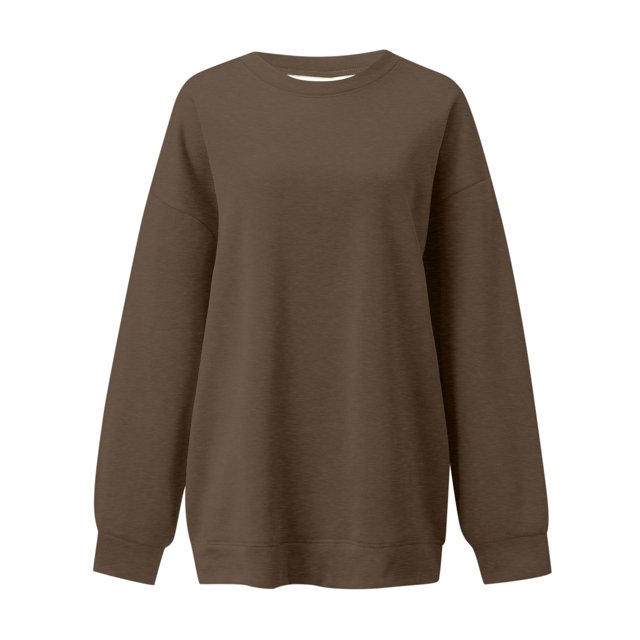 Womens Crewneck Sweatshirt Oversized Fall Basic Solid Color Sweatshirt Crewneck Long Sleeve Casual Top Drop Shoulder Design Chandail Sport Femme Coffee S
