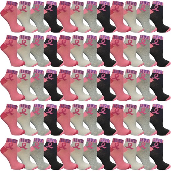 60 Pairs of Pink Ribbon Breast Cancer Awareness Ankle/Crew Socks for Women (Assorted D (Crew))