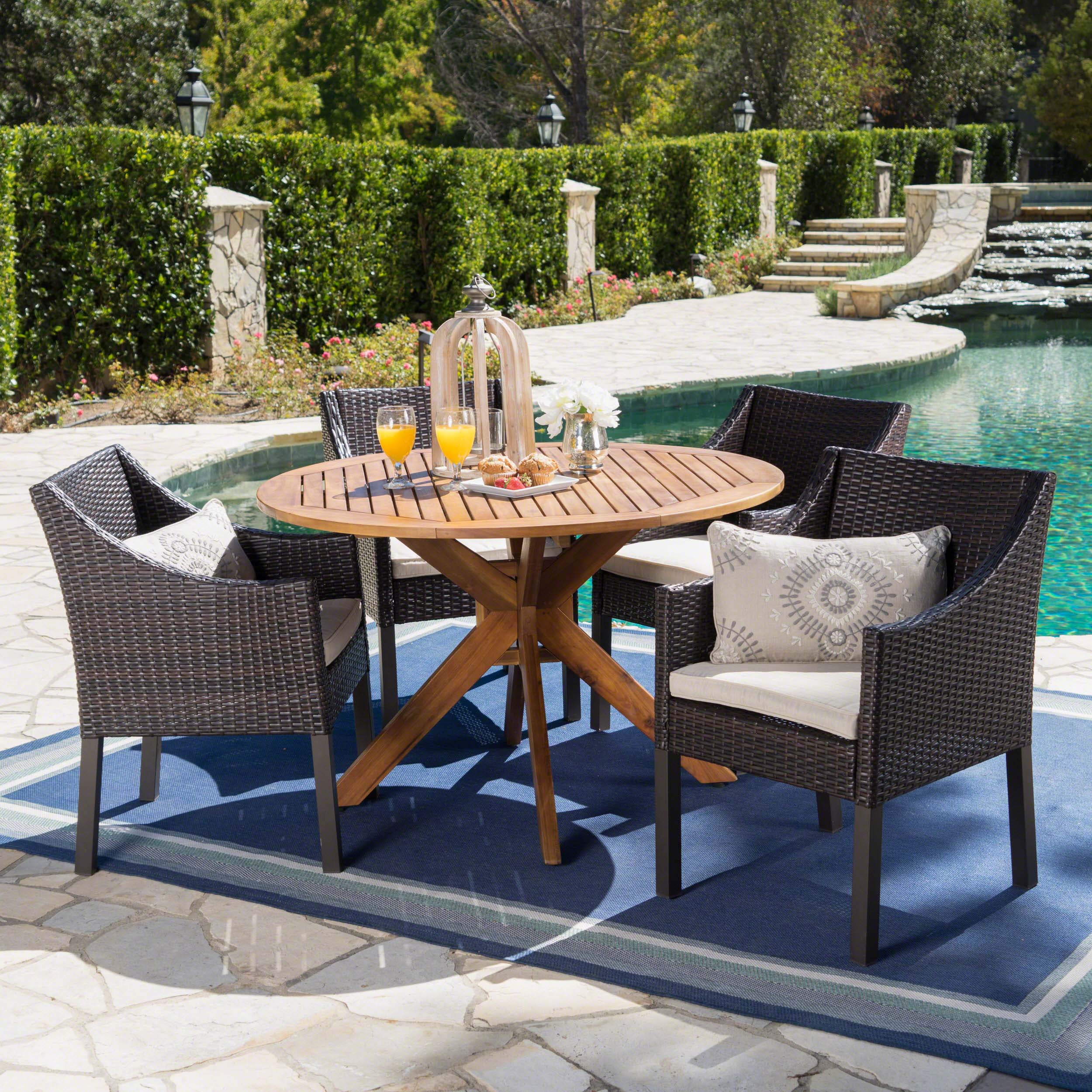 Wesley Outdoor 5 Piece Wicker Dining Set with Teak Finished Round