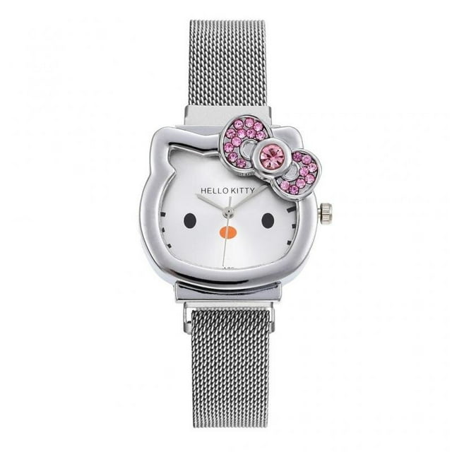 Hello Kitty-reloj de diamantes con lazo de gato para mujer, joyería de Metal de plata y oro rosa Kawaii, reloj magnético de dibujos animados para novia y cumpleaños