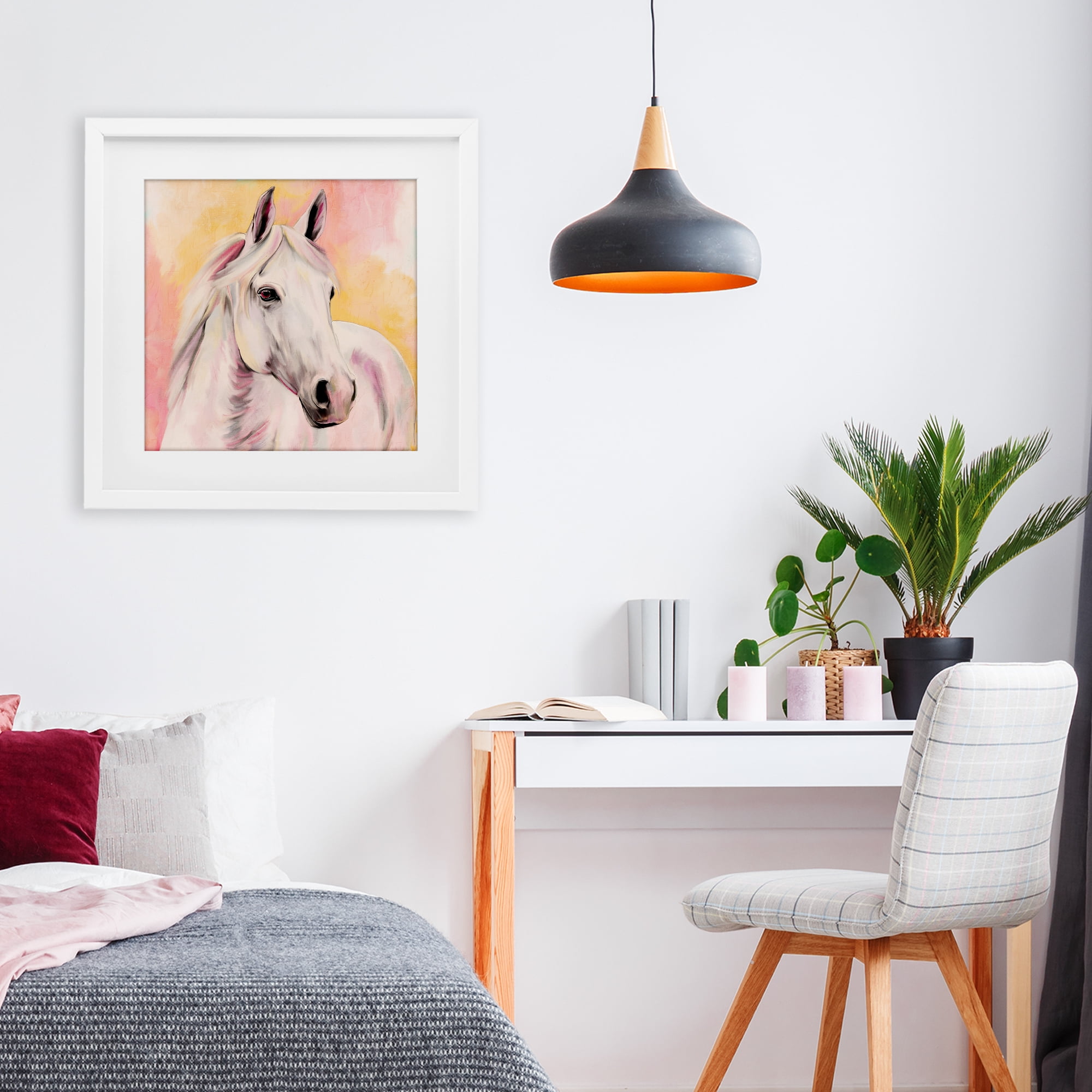 Sunset White Horse White Framed Print Under Glass, design by Kim Allen