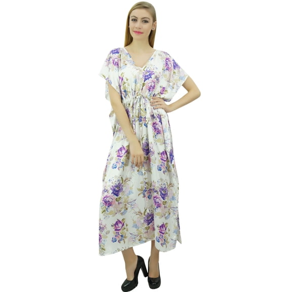 Bimba Women's Long Maxi Kaftan Drawstring White Floral Getting Ready Gown - 4
