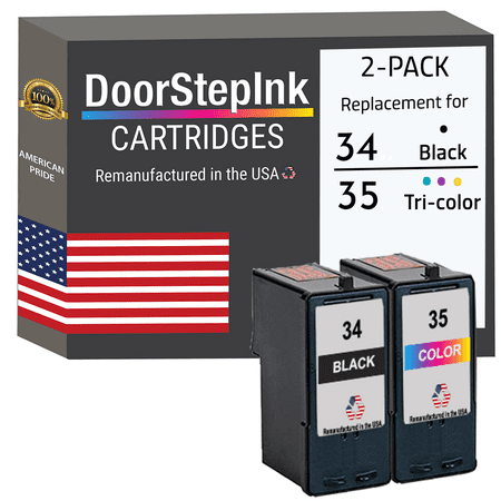 DoorStepInk Ink Cartridges for Lexmark #34 Black and #35 Tri-Color DoorStepInk remanufactured Lexmark #34 black and Lexmark #35 color combo pack are the highest quality replacement ink cartridges on the market. Using only original Lexmark #34 black 18C0034 and Lexmark #35 color 18C0035 cartridges  we remanufacture each cartridge to the highest quality standards to match OEM ink level  color  and performance guaranteed! DoorStepInk is a leader and award-winning recycler of inkjet cartridges. Since our start in 2000  we have been remanufacturing all our cartridges in the USA at our state-of-art inkjet facility located in California. Using the latest technology and customized equipment  each cartridge is cleaned  rebuilt  and refilled to produce the highest quality remanufactured ink cartridges in the world. By only remanufacturing genuine OEM cartridges  we can extend an empty cartridge’s lifecycle. This allows us to offer you  a high-quality  eco-friendly ink cartridge at the best low price. We are so confident in our ink cartridges that we back each one with a 100% satisfaction guarantee.