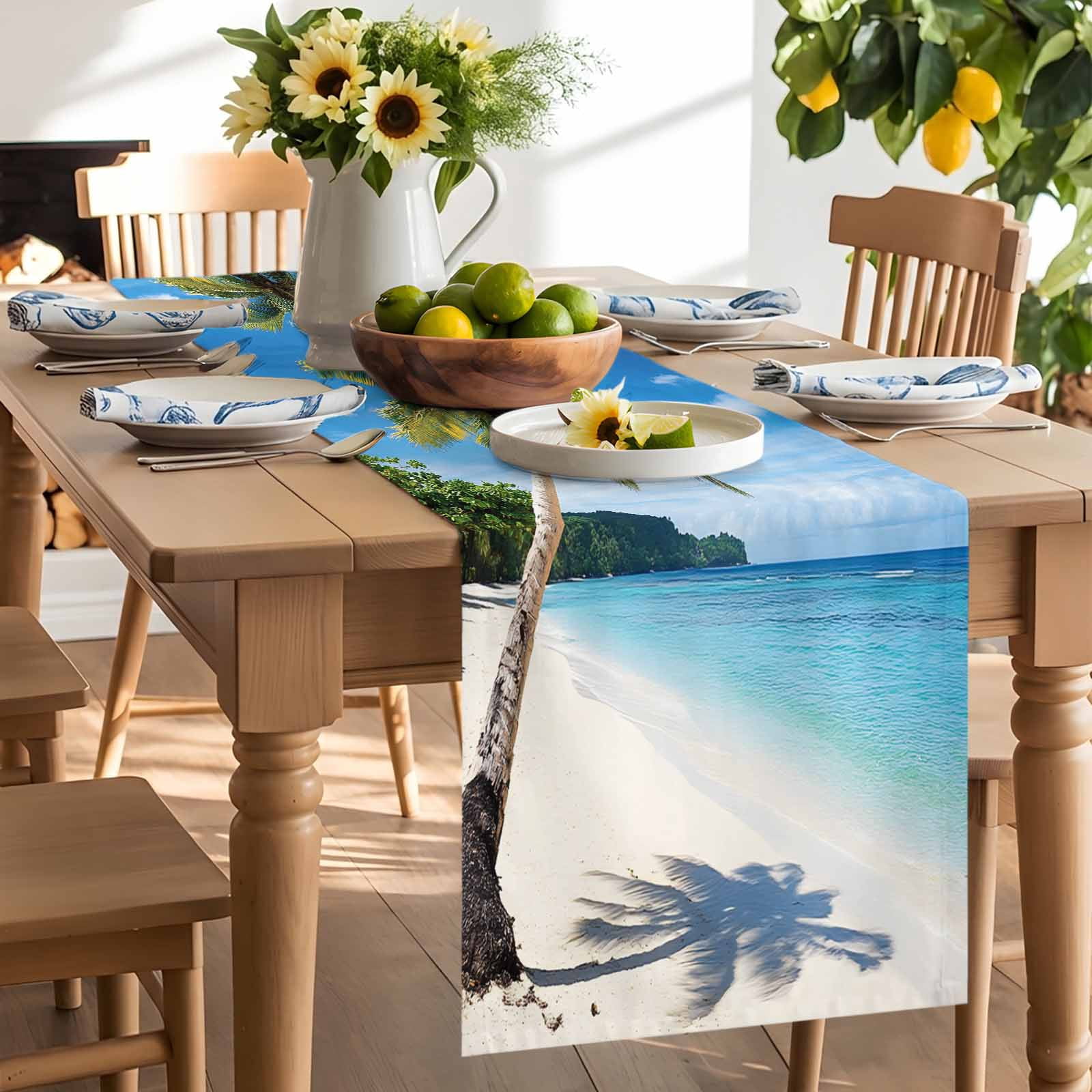 Summer Beach Coconut Tree Table Runner 90 Inches Long, Blue Ocean Sky Table Runners Tabletop Scarf Kitchen Dining Tables Decoration for Home Party Indoor Outdoor