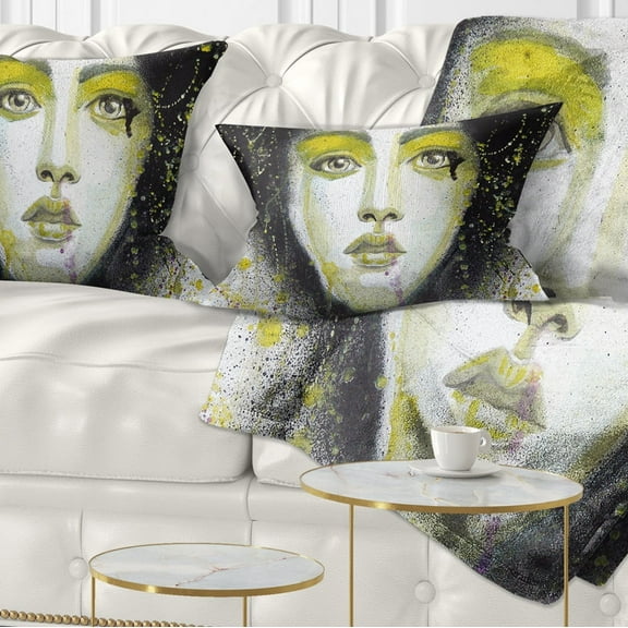 Designart Girl with Yellow Eye line Large - Abstract Portrait Throw Pillow - 12x20
