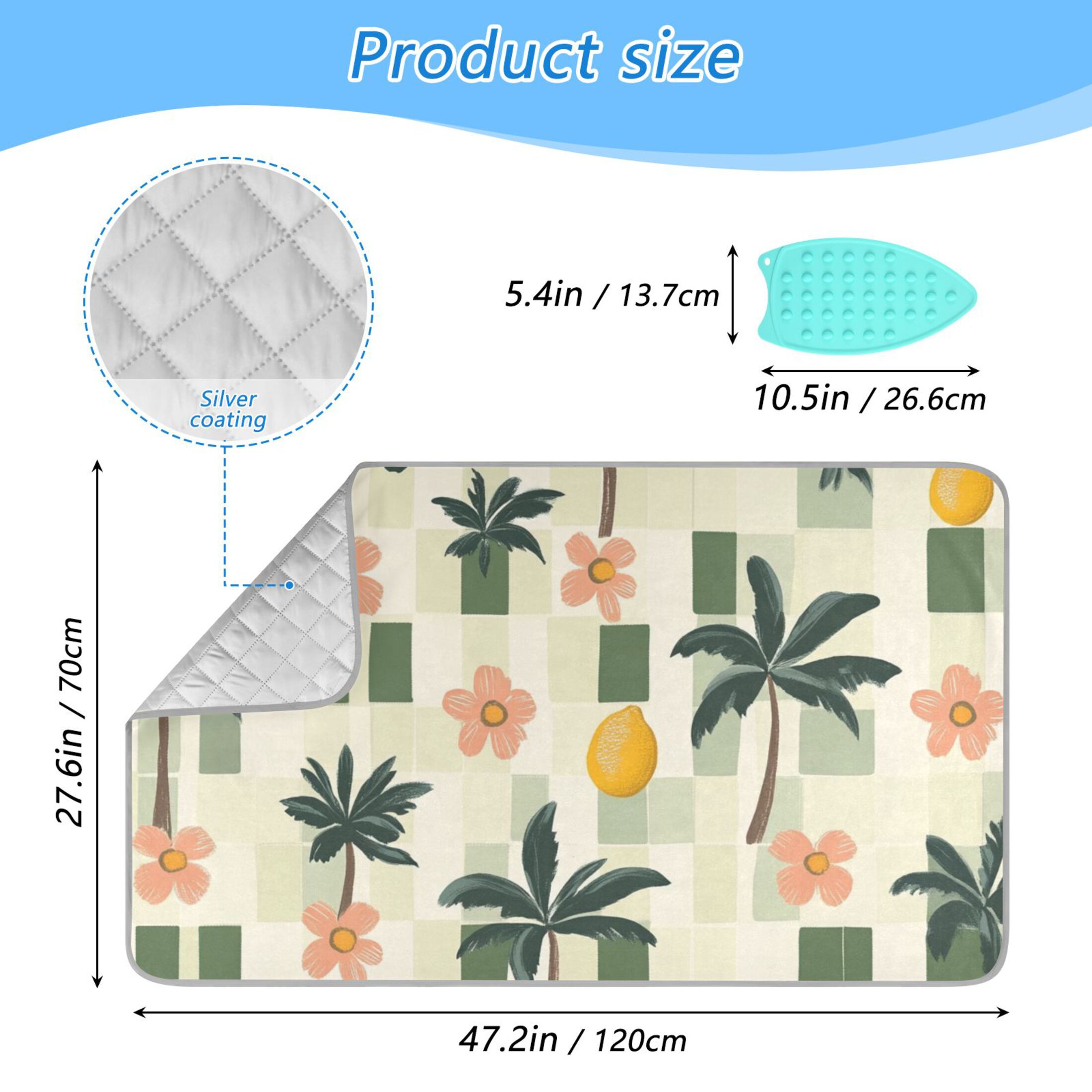 Green Plaids Trees Flowers Lemons Tropical Ironing Mat Blanket Portable Travel Ironing Pad Heat Resistant Pad 47.2" x 27.6”