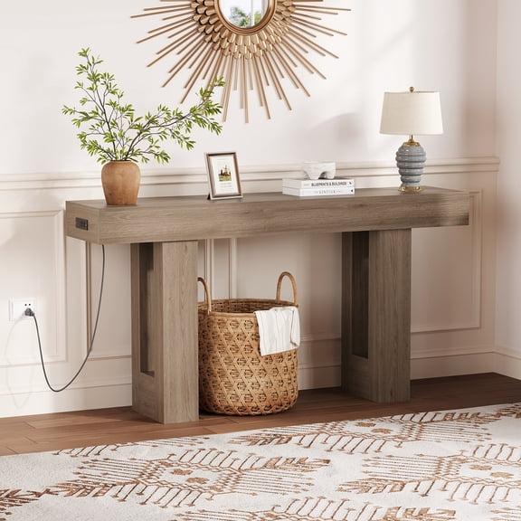 Gaderth 63 in Farmhouse Console Table for Entryway, Slim Sofa Table Behind Couch with Charging Station, Narrow Wooden Entry Furniture for Hallway Foyer Living Room, Grey
