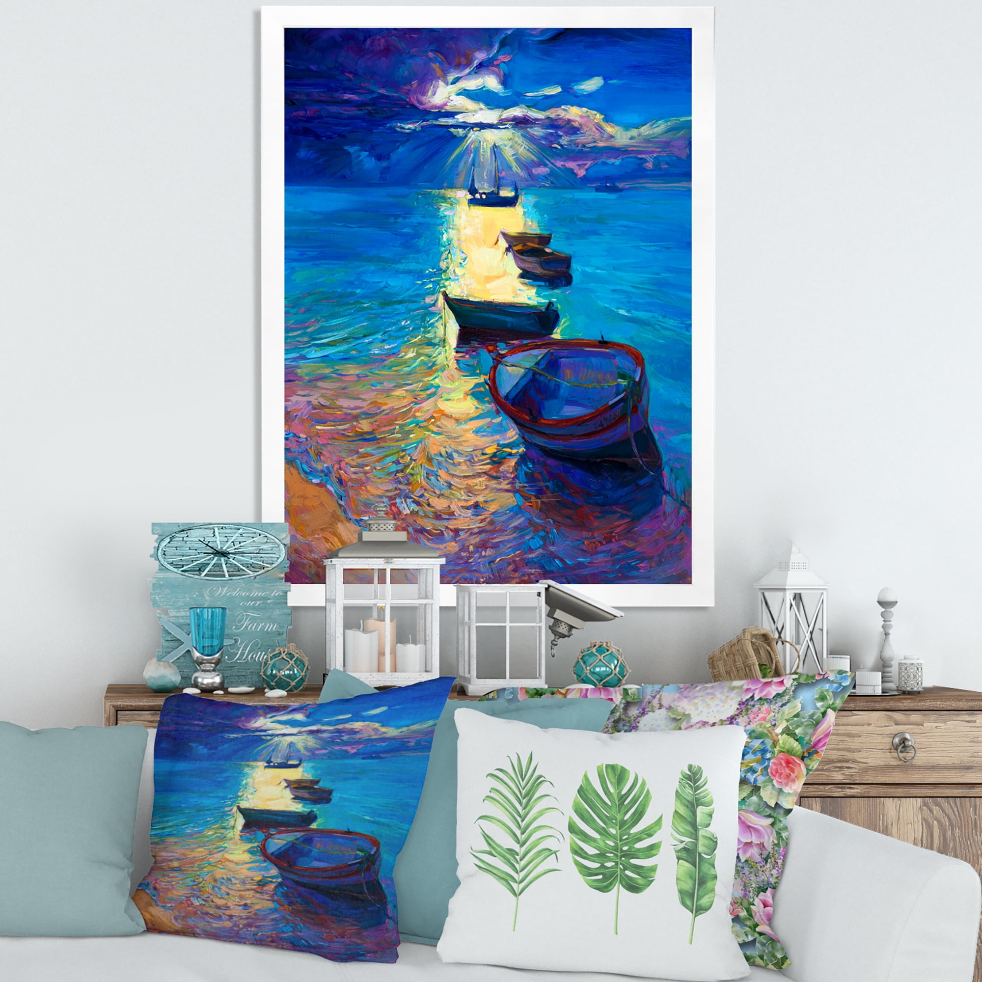 Designart 'Fishing Boats On The Water With Dark Blue Sky Illustration' Lake House Framed Art Print