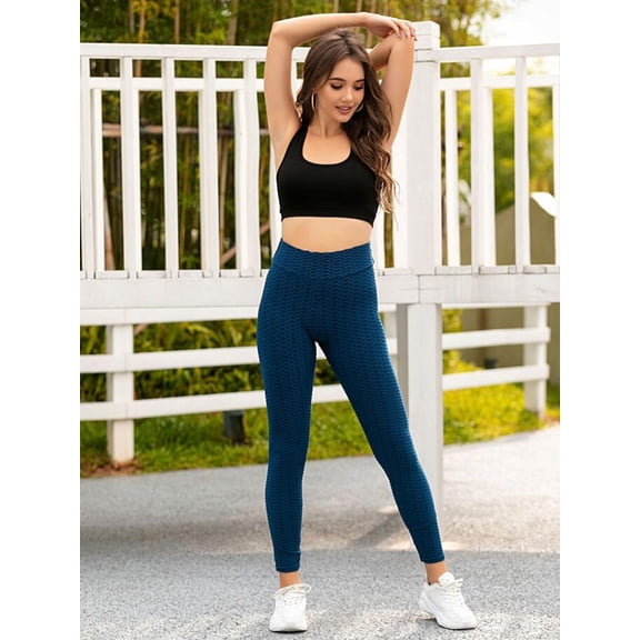 Women's High Waisted Yoga Pants Tummy Control Booty Leggings Workout Running Butt Lift Textured Tights, Navy Blue, Medium
