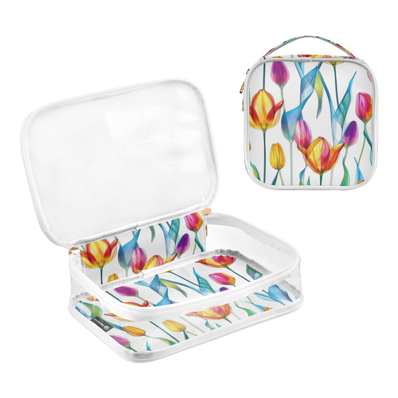 Clear Makeup Bags with Handle Large Opening 2 Pack Set Toiletry Bag Quart Size Bag, for Women Man Traveling Travel Essentials, Toiletries and Other. Tulipa Blue Leaf