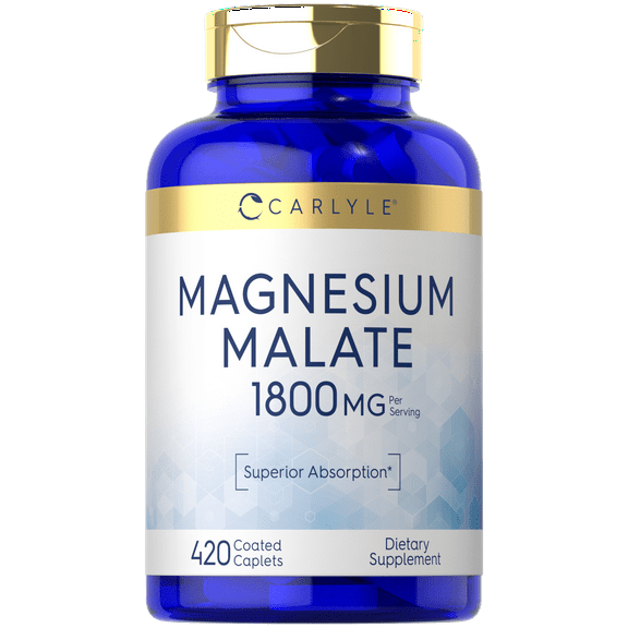 Magnesium Malate 1800mg | 420 Coated Caplets | Vegetarian, Non-GMO, Gluten Free Supplement | by Carlyle