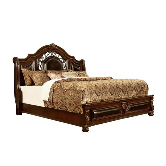 Furniture of America Eleo Solid Wood Panel Queen Bed in Brown Cherry