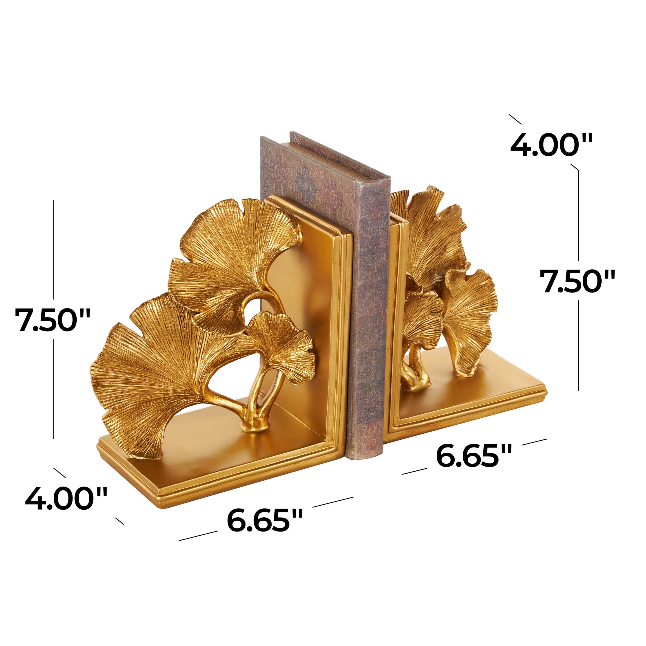 DecMode 7" Ginkgo Tree Gold Polystone Bookends (Set of 2)