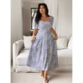 thumbnail image 4 of Blue And White Floral Square Neck Cinched Waist Ruched A-Line Maxi Dress For Women, 4 of 6
