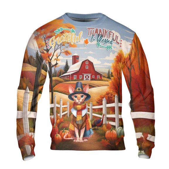 Thanksgiving Sphynx Pilgrim Grateful, Thankful, Blessed Fall Welcome All Over Print 3D Sweatshirt Unisex Merch Cat Lover Kitten Owner Gifts Idea - 00021