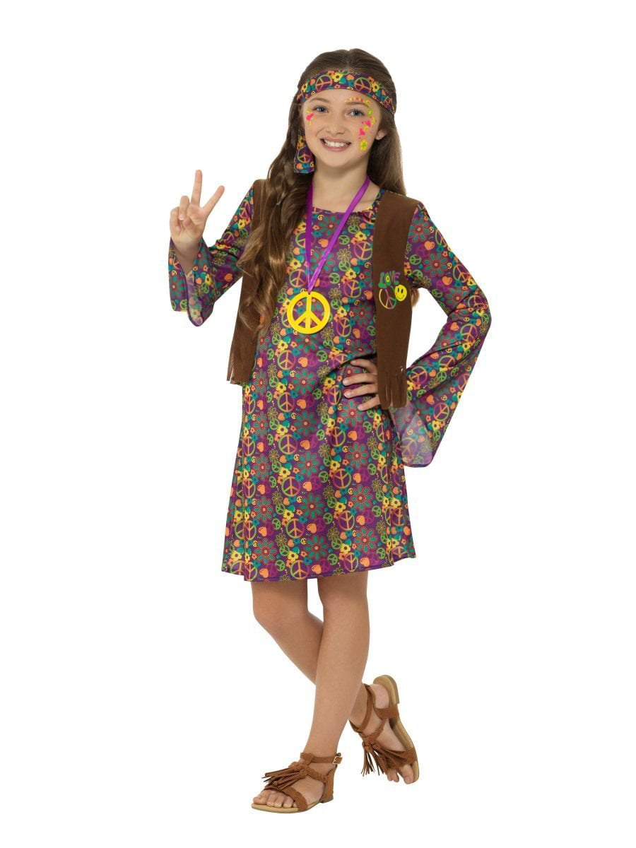 60's Hippie Girl Groovy Costume Peace Sign Dress Fringe Vest Flower ...
