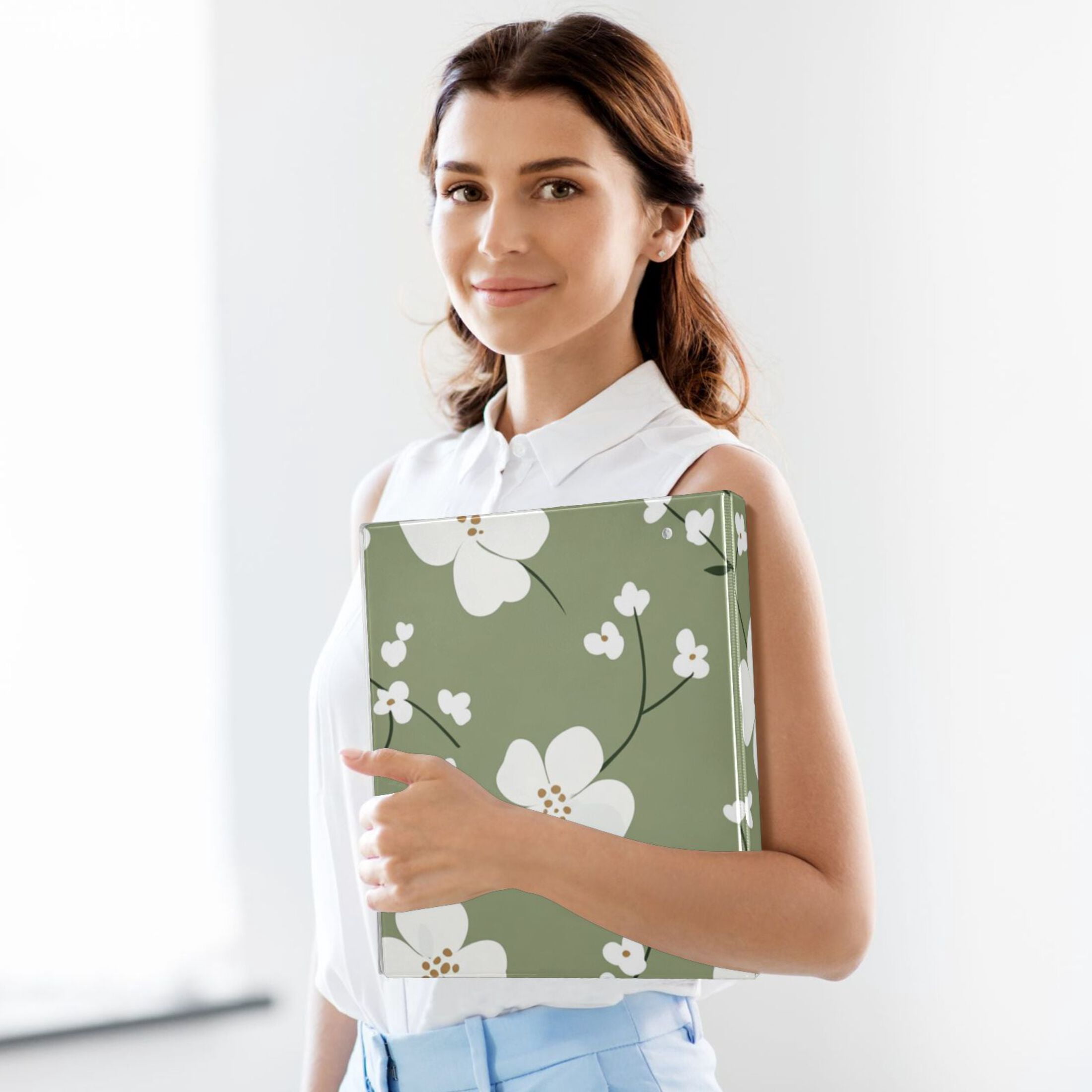 White Flowers in Green 3 Ring Binders 1.5 inch Hardcover File Folders with Interior Pockets A4 Size Organizer for School Office Hospital Set of 2