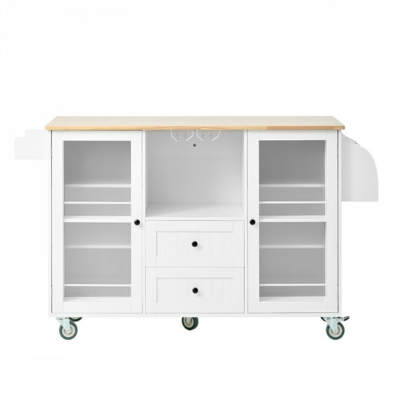 White kitchen island cart with spice rack towel rack drawers and wheels