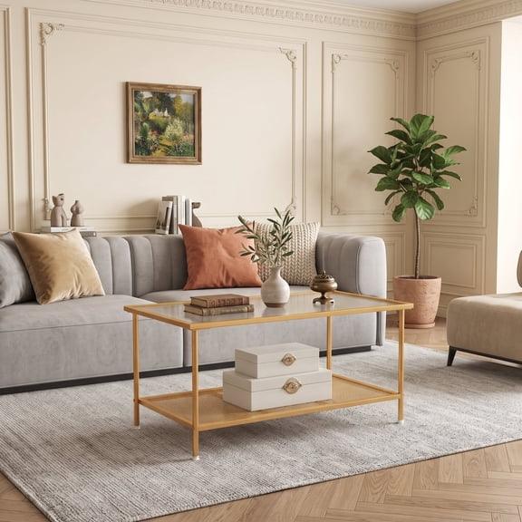 2-Tier Coffee Table with Open Shelf, Tempered Glass Top Modern Center Table for Living Room, Golden