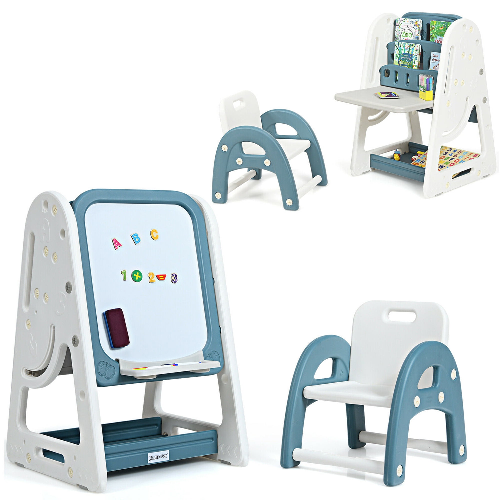 2 in 1 Kids Easel Desk Chair Set Book Rack Adjustable Art Painting Board Gray costway