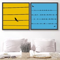 PixonSign Framed Wall Art Print Set Birds on Yellow and Blue Backgrounds Nature Wilderness Digital Art Modern Art Chic Group Colorful Multicolor for Living Room, Bedroom, Office - 16"x16"x2 Black