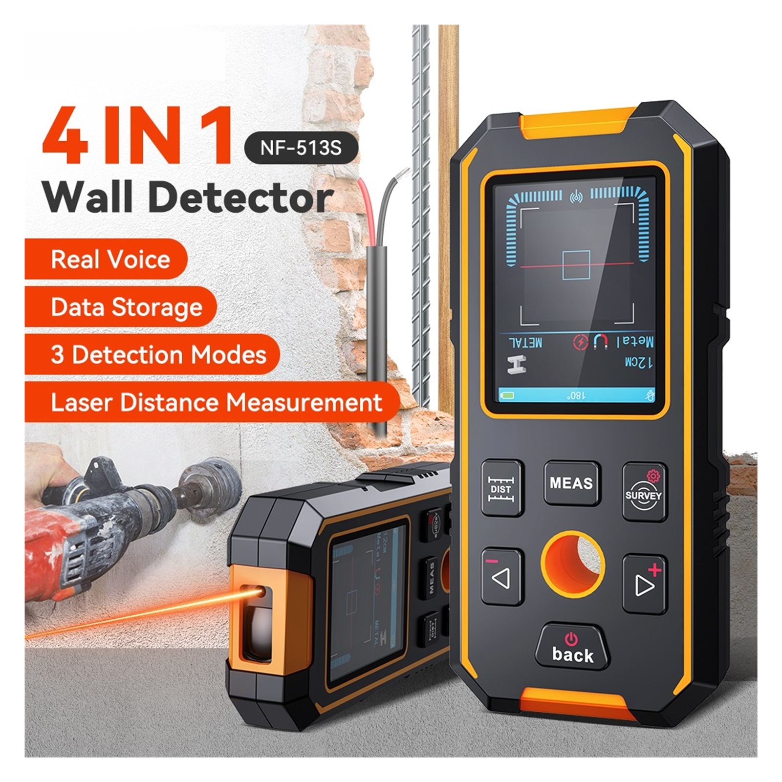 Handheld Wall Metal Detector Scanner with Positioning Hole Wooden AC Wires Metal Pipes Rebars ,Accurate Readings