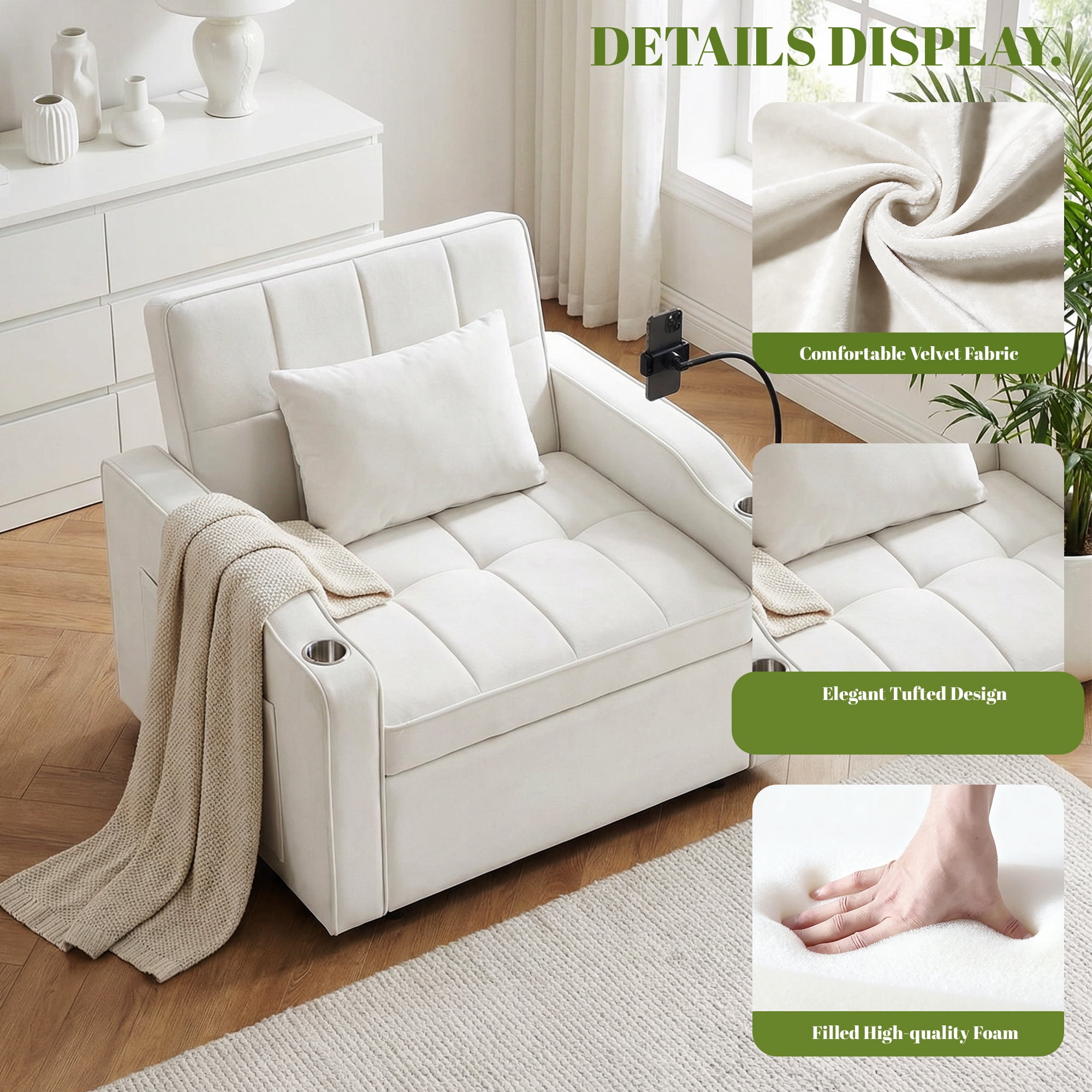 Gewnee 37.2''Convertible Sofa Bed with USB and Phone Holder,2 Cup Holders and 3 Adjustable Backrest,Suitable for Living Room,Apartment and Office.Beige