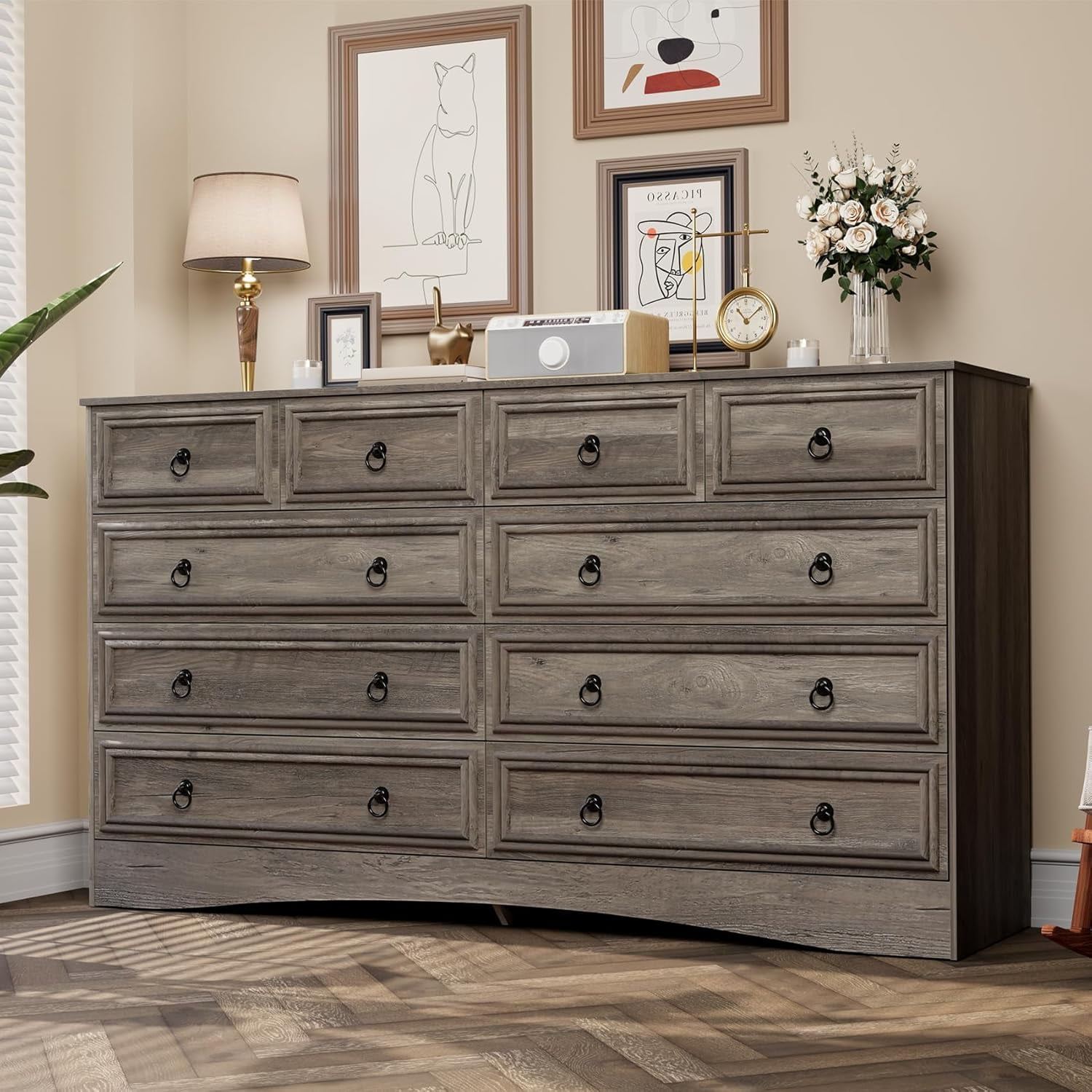 Frmobepts 10 Drawer Double Dresser for Bedroom, 55" Wide Dressers & Chests of Drawers with Large Capacity Storage, Dresser for Bedroom,Gray